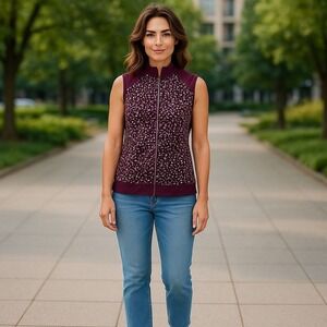 Weekends by Chico's‎ Women's Burgundy Floral Print Zip Up Vest Size 1